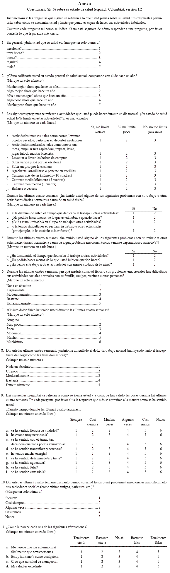 Reliability Of Sf 36 Quality Of Life In Health Questionnaire In Medellin Colombia